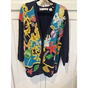 Vintage Chaus Nautical Sea Life Intarsia Knit Cardigan Sweater cottagecore M